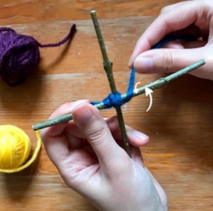 Mandala yapımı 2: dalların arasına mavi ip dolanması